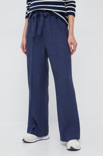 Plátěné kalhoty Polo Ralph Lauren dámské, tmavomodrá barva, široké, high waist