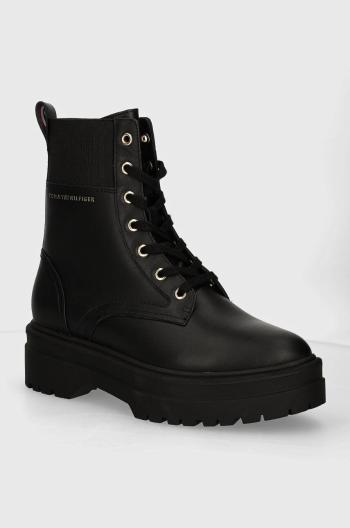 Nízké kozačky Tommy Hilfiger LEATHER ELASTIC RIB LACEUP dámské, černá barva, na plochém podpatku, FW0FW08440