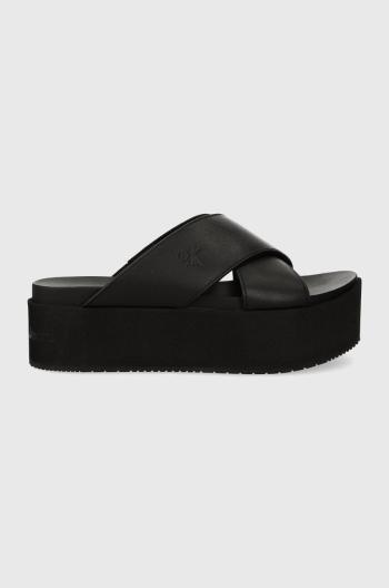 Kožené pantofle Calvin Klein Jeans FLATFORM CROSS MG UC dámské, černá barva, na platformě, YW0YW01349