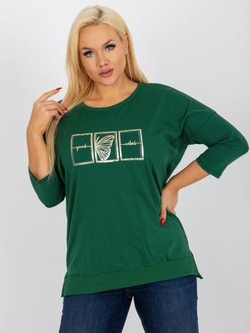 TMAVĚ ZELENÉ TRIČKO S VÝŠIVKOU A 3/4 RUKÁVEM -RV-BZ-8460.08P-DARK GREEN Velikost: ONE SIZE