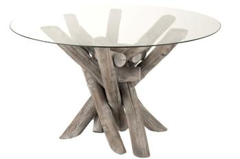 Jídelní kulatý dřevěný stůl se skleněnou deskou Branchy - Ø128*75 cm 1807