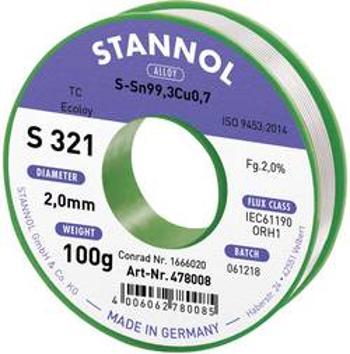 Bezolovnatý pájecí cín Stannol S321 2,0% 2,0MM SN99,3CU0,7 CD 100G, bez olova, cívka, 100 g, 2 mm