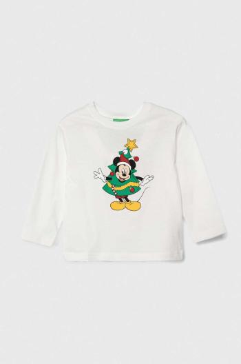 Dětské bavlněné tričko s dlouhým rukávem United Colors of Benetton x Disney bílá barva, s potiskem