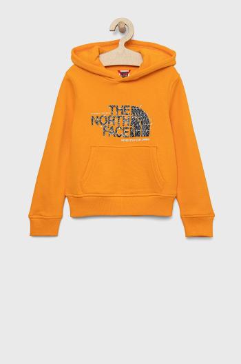 Dětská bavlněná mikina The North Face oranžová barva, s kapucí, s potiskem
