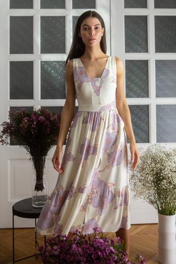 Smetanovo-šedé květované midi šaty K098