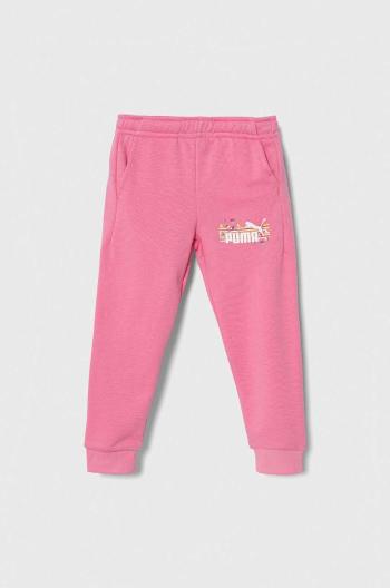 Dětské tepláky Puma ESS+ SUMMER CAMP Sweatpants TR růžová barva, s potiskem