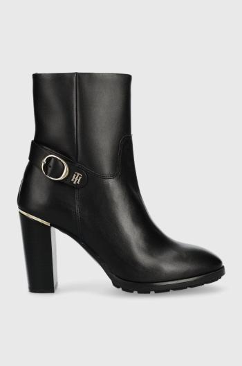 Kožené kotníkové boty Tommy Hilfiger Belt High Heel Boot dámské, černá barva, na podpatku