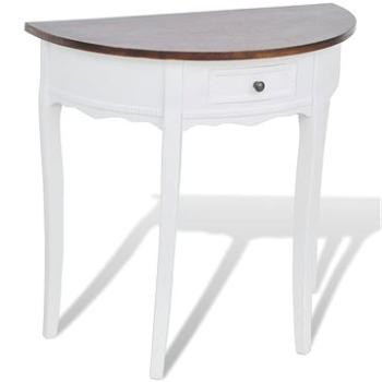 Bílý půlkruhový konzolový stolek se zásuvkou a hnědou deskou (241531)