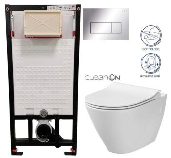 DEANTE Podomítkový rám, pro závěsné WC mísy + SLIM tlačítko chrom + WC CERSANIT CLEANON CITY CST_WC01 051P CI1