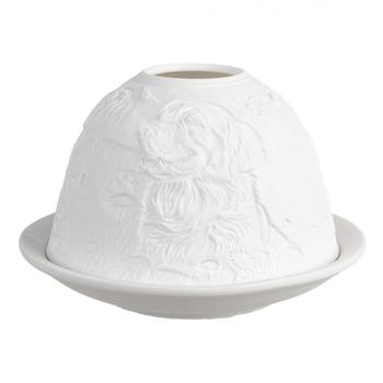 Bílý porcelánový svícen na čajovou svíčku s pejsky na louce Paollo - Ø 12 * 8 cm 6CE1810