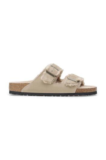 Semišové pantofle Birkenstock Arizona Shearling dámské, béžová barva, 1028293