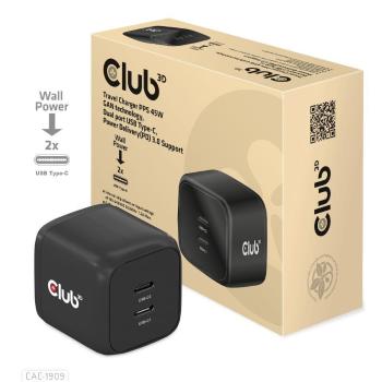 Club3D cestovní nabíječka PPS 45W GAN technologie, Dual port USB Type-C, Power Delivery(PD) 3.0 Support