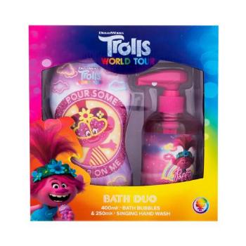 DreamWorks Trolls World Tour Bath Duo dárková kazeta pěna do koupele Pour Some Glitter On Me 400 ml + mýdlo na ruce Singing Poppy 250 ml pro děti