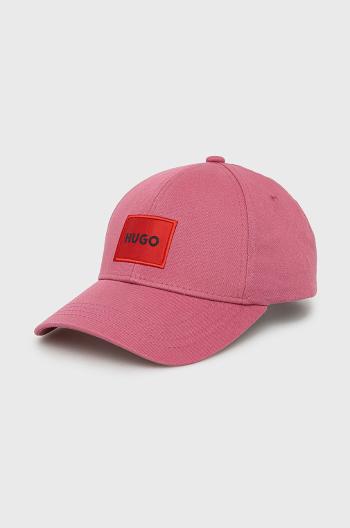 Bavlněná čepice HUGO růžová barva, s aplikací