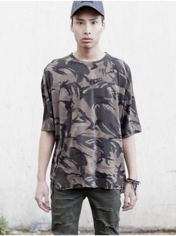 Khaki pánské vzorované tričko Camo Camouflage Imprimé 3/4 Manches June Sixth T