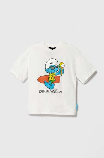 Dětské bavlněné tričko Emporio Armani The Smurfs bílá barva, s potiskem