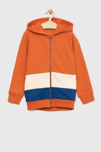 Dětská mikina United Colors of Benetton oranžová barva, s kapucí, s potiskem