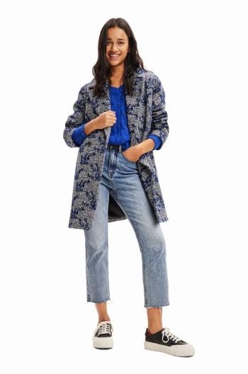 Kabát Desigual 23WWEWA9 WOMAN WOVEN OVERCOAT dámský, tmavomodrá barva, přechodný, dvouřadový