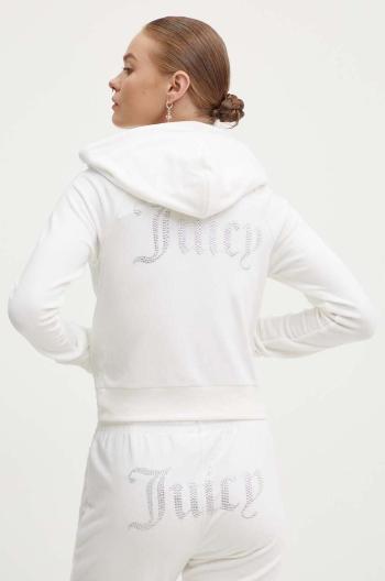 Velurová mikina Juicy Couture MADISON bílá barva, s kapucí, s aplikací, JCWA122001