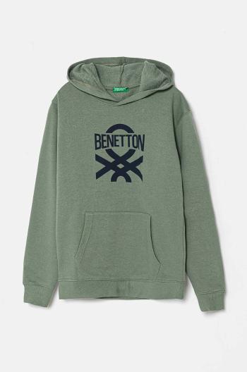 Dětská bavlněná mikina United Colors of Benetton zelená barva, s kapucí, vzorovaná, 3J68C203N