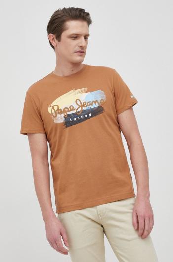 Bavlněné tričko Pepe Jeans Aegir hnědá barva, s potiskem