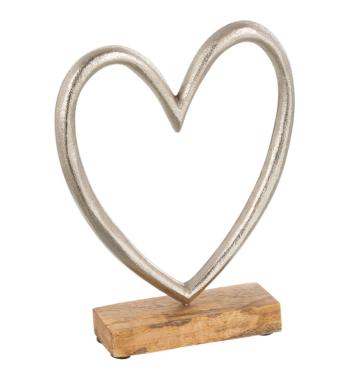 Dekorace stříbrné antik kovové srdce na dřevěném podstavci  - 15*5*19cm 15848