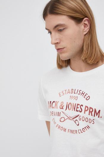 Bavlněné tričko Premium by Jack&Jones krémová barva, hladké