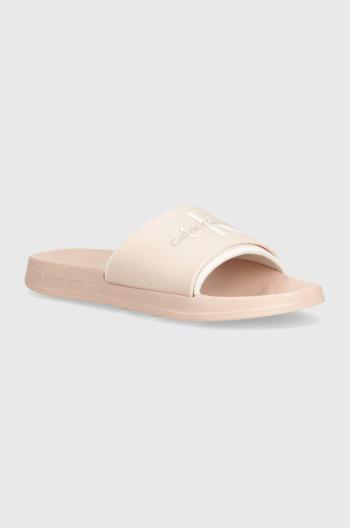 Pantofle Calvin Klein Jeans SLIDE MONOGRAM TPU dámské, béžová barva, YW0YW00585