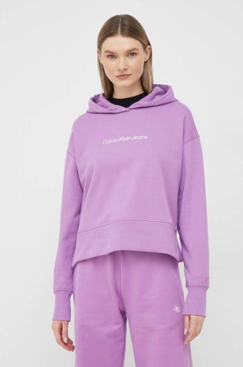 Bavlněná mikina Calvin Klein Jeans dámská, fialová barva, s kapucí, hladká