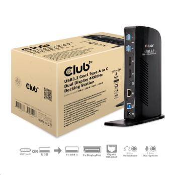 Club3D Dokovací stanice USB-A a USB-C Dual Display 4K60Hz (6x USB 3.0/2x DP/Ethernet/USB-B/2x audio)