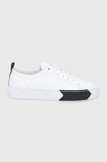 Kožené boty Sisley bílá barva, na plochém podpatku
