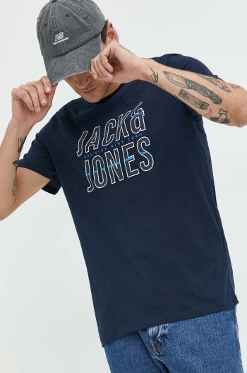 bavlněné tričko Jack & Jones , tmavomodrá barva, s potiskem