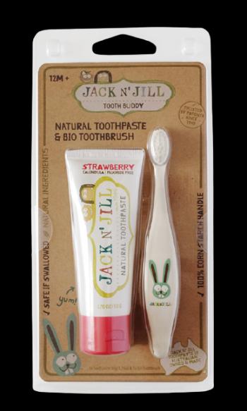 Jack n' Jill Přírodní zubní pasta Jahoda +BIO detský zubní kartáček Zajíček 1ks 50 g