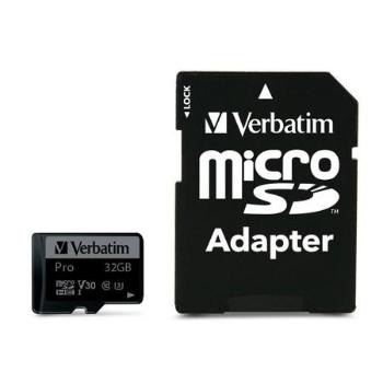 Paměťová karta "PRO", microSDHC, 32GB, C10/U3, 90/45 MB/s, adaptér, VERBATIM