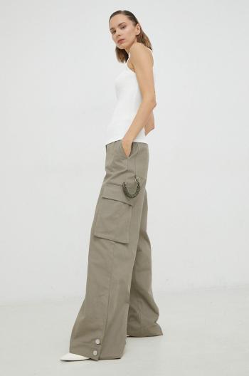 Bavlněné kalhoty Remain dámské, béžová barva, široké, high waist