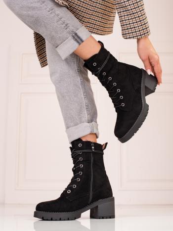 Klasické dámské  kotníčkové boty černé na širokém podpatku