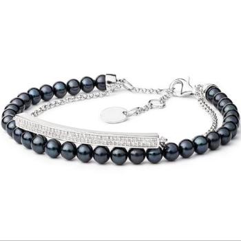 Silvego Dvojitý perlový náramek z přírodních černých perel s řetízkem a zirkony a se stříbrným zapínáním GRP19224BB