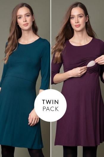 Dvojbalení těhotenských šatů Una - tmavě zelená + fialová
