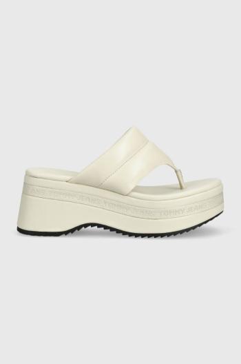 Kožené žabky Tommy Jeans SANDAL PADDED dámské, béžová barva, na platformě, EN0EN02075