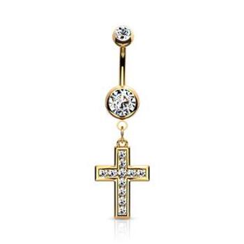 Šperky4U Zlacený piercing do pupíku - křížek čiré zirkony - WP0034-GDC