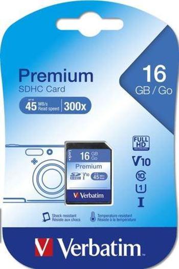 Paměťová karta, SDHC, 16GB, C10/U1, 45/10 MB/s, VERBATIM, "Premium"