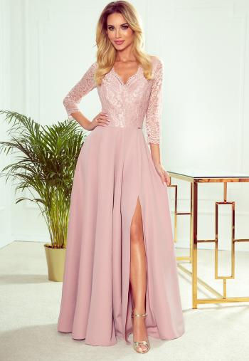 Elegantní růžové krajkové dlouhé šaty s výstřihem ELISA 309-4 Velikost: S