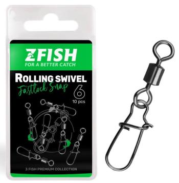 Zfish obratlík s karabinou rolling swivel & fastlock snap 10 ks - velikost 6 nosnost 27 kg