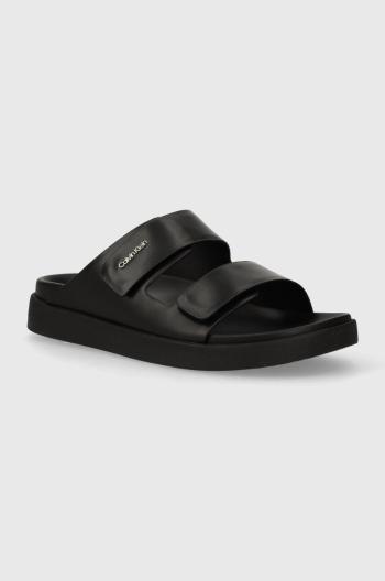 Kožené pantofle Calvin Klein FLAT ADJ SLIDE CALVIN MTL LTH dámské, černá barva, HW0HW01954