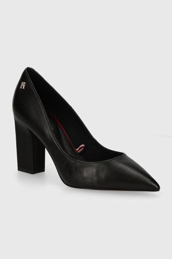 Kožené lodičky Tommy Hilfiger BLOCK HEEL POINTED PUMP LEATHER černá barva, na podpatku, FW0FW08149