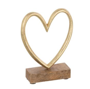 Dekorace zlaté antik kovové srdce na dřevěném podstavci  - 11*4*14cm 15860