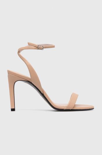 Kožené sandály Calvin Klein HEEL SANDAL 90 LTH béžová barva, HW0HW01945