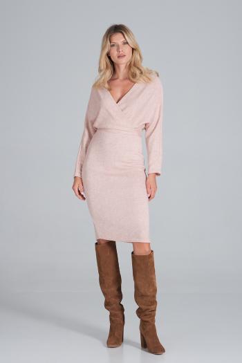 SVĚTLE RŮŽOVÉ  ZIMNÍ MIDI ŠATY Z ÚPLETU M856 LIGHT PINK Velikost: S/M