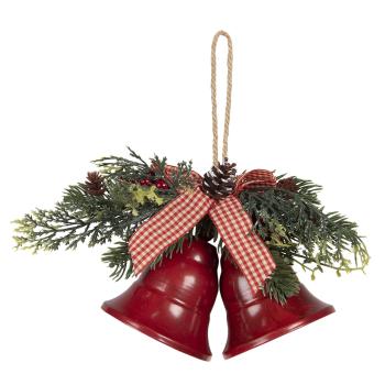 Vánoční dekorace červené zvonky s větvičkou a mašlí - 17*9*12 cm 64567