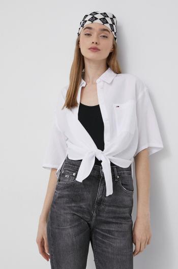Košile ze směsi lnu Tommy Jeans dámská, bílá barva, regular, s klasickým límcem